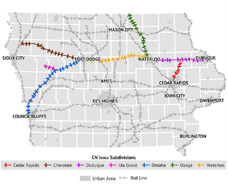 Canadian National Railway operates across the United States and Canada. Service in Iowa includes operation on the Cedar Rapids, Cherokee, Dubuque, Ida Grove, Omaha, Osage, and Waterloo subdivisions across the northern half of the state. 