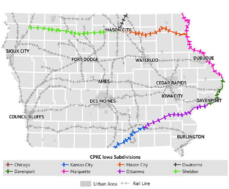CPKC Railway operates across the United States, Canada, and Mexico. Service in Iowa includes operation on the Chicago, Davenport, Kansas City, Marquette, Mason City, Ottumwa, Owatonna, and Sheldon subdivisions in the eastern and northern portions of the state.