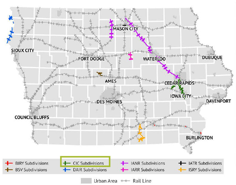 CRANDIC Map shows the location of all Class III railroads operating in Iowa. Cedar Rapids and Iowa City Railway operates on the Cedar Falls-Hills, Cedar Rapids-Yocum, and Cedar Rapids subdivisions in eastern Iowa. 