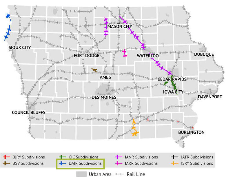 Map shows the location of all Class III railroads operating in Iowa. D&I Railroad operates in the northwest corner of Iowa north of Sioux City and across into South Dakota. 