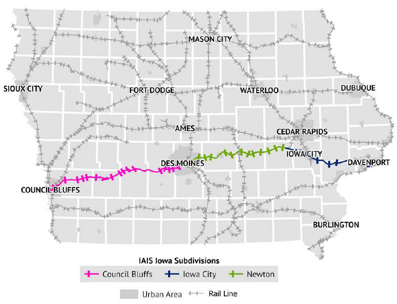 Iowa Interstate Railroad operates in Iowa and Illinois. Service in Iowa includes operation on the Council Bluffs, Iowa City, and Newton subdivisions that cross the entire state from Council Bluffs to Davenport. 