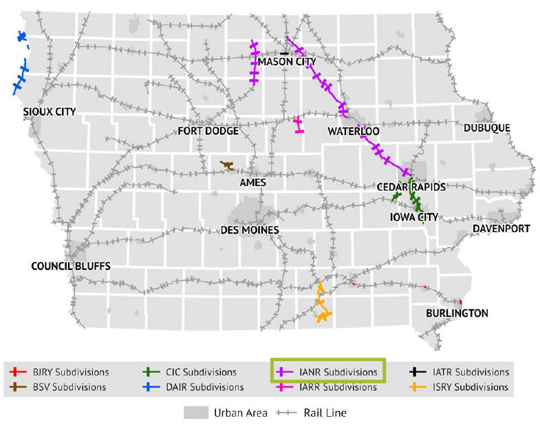 Iowa Northern Railway operates in northeast Iowa on the Manly, Cedar Rapids, Oelwein, and Garner subdivisions. 