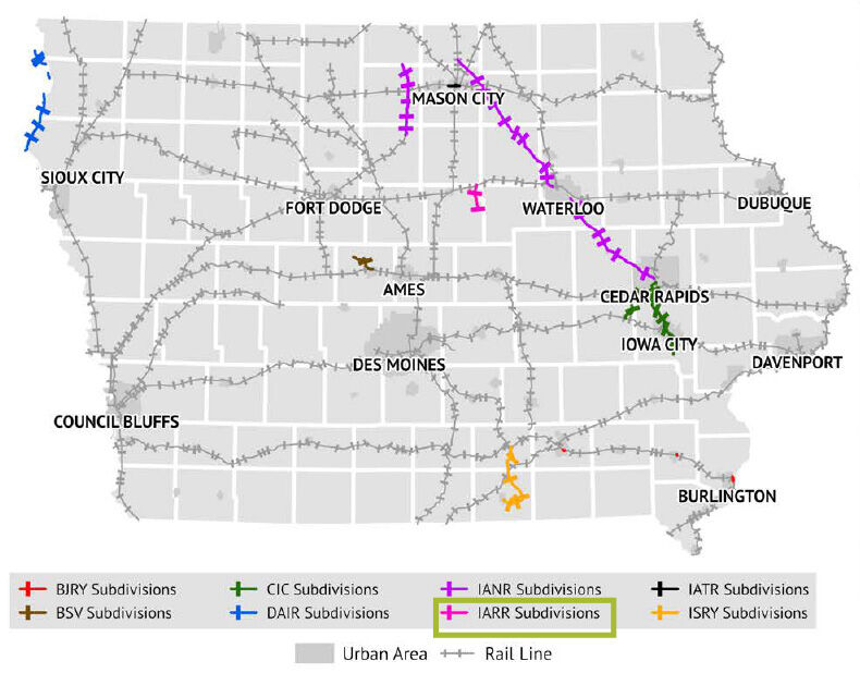 Map shows the location of all Class III railroads operating in Iowa. Iowa River Railroad operates in northcentral Iowa on the Ackley-Steamboat Rock subdivision. 