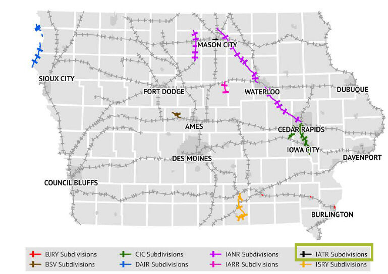 Map shows the location of all Class III railroads operating in Iowa. Iowa Traction Railway operates in northcentral Iowa on the Mason City-Clear Lake subdivision. 