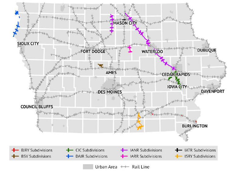 Map shows the location of all Class III railroads operating in Iowa. Keokuk Junction Railway operates in Iowa and Illinois. Service in Iowa operates on the KJRY Iowa subdivision in the southeast corner of the state. 