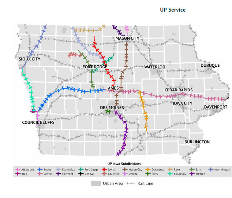 Union Pacific operates across the United States primarily west of Chicago. Service in Iowa operates on the Albert Lea, Blair, Boone, Clinton, Estherville, Fairmont, Fort Dodge, Geneva, Jewell, Laurens, Mason City, Omaha, Oskaloosa, Perry, Rake, Sioux City, Tara, Trenton, and Worthington subdivisions that cover most of the state. 