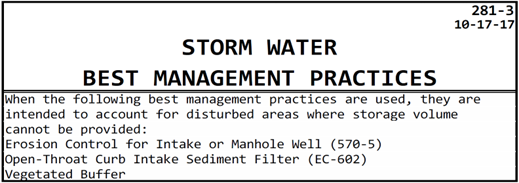 Example Standard Note 281‑3 listing best management practices used when storm water storage cannot be provided.