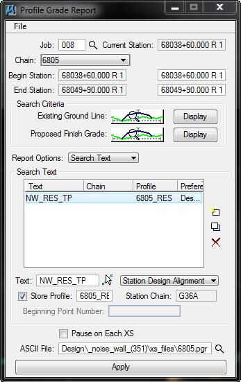 Profile Grade Report dialog showing settings used to generate the noise wall top profile.