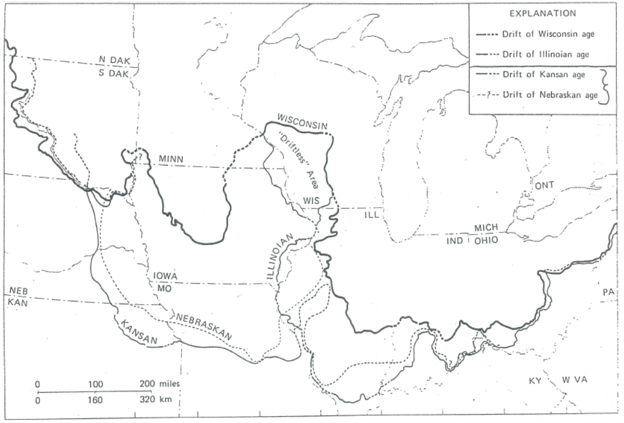 Map showing the regional limits of Wisconsinan, Illinoian, Kansan, and Nebraskan glacial drift across central North America.