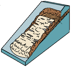 Material sliding downslope along a relatively flat failure plane.