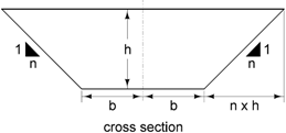 Cross‑section showing a symmetrical ditch or entrance cut with vertical height h, bottom width b, and side slopes labeled 1:n on both sides.