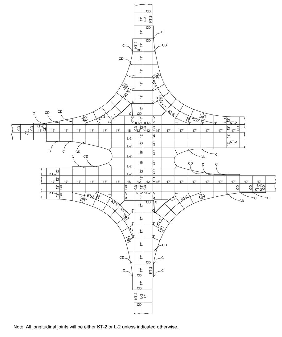 Final jointing layout for a raised‑island divided‑highway intersection with labeled KT‑2, L‑2, CD, and C joints.