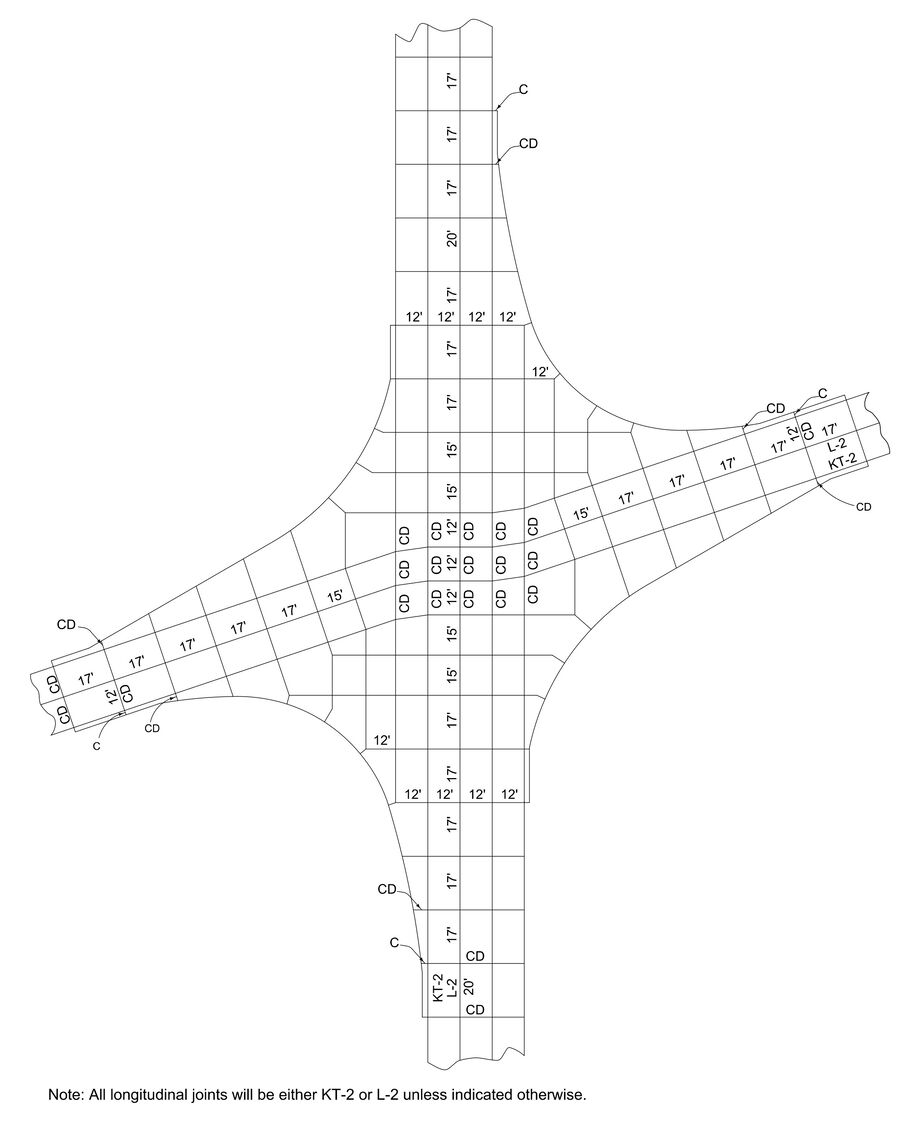 Final jointing layout for a skewed intersection with painted islands showing labeled KT‑2, L‑2, CD, and C joints.