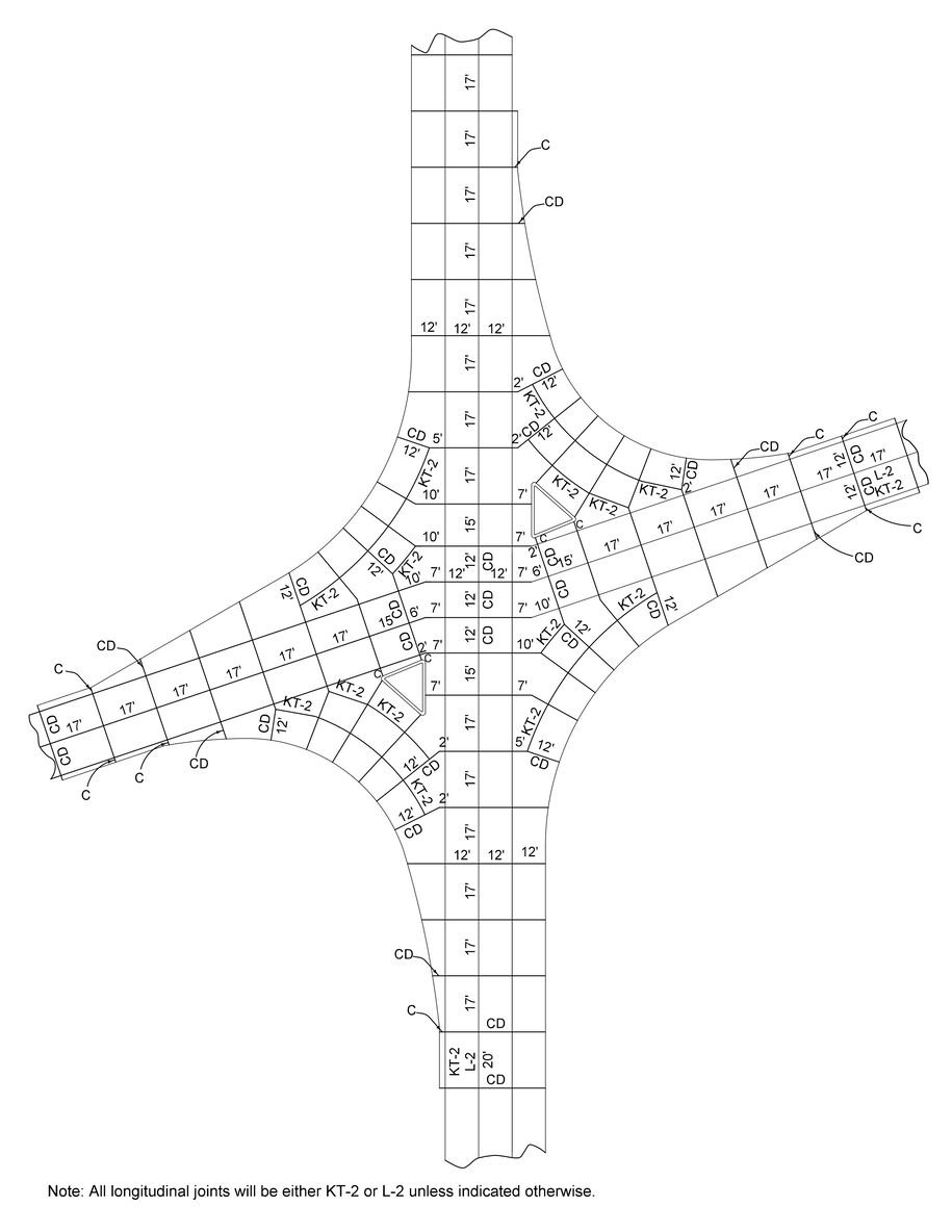 Final jointing layout for a skewed raised‑island intersection showing labeled KT‑2, L‑2, CD, and C joints with spacing.