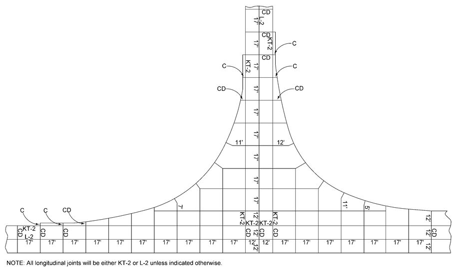 Final T‑intersection jointing layout showing labeled KT‑2, L‑2, CD, and C joints with selected joint lengths.