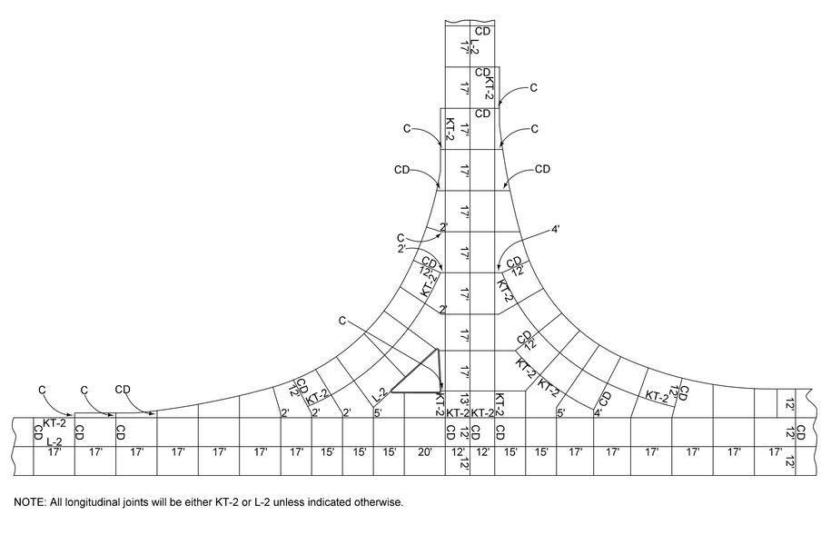 Final jointing layout for a raised‑island T‑intersection showing labeled KT‑2, L‑2, CD, and C joints with selected joint lengths.