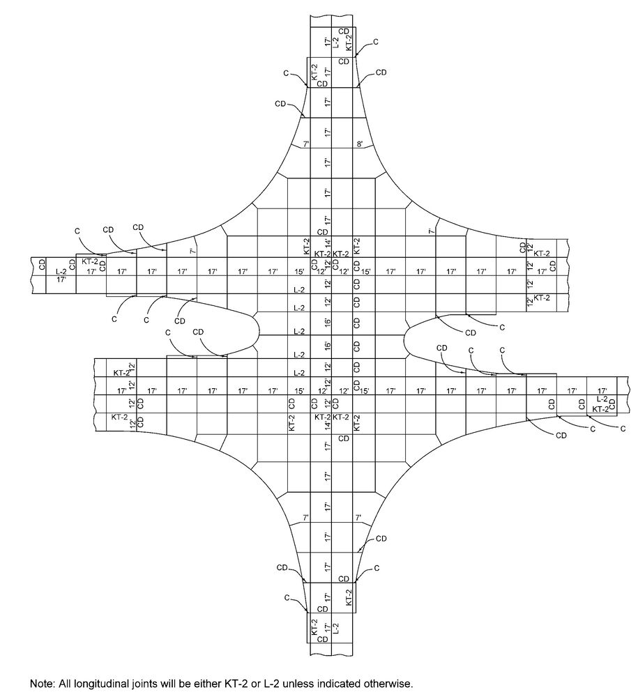 Final jointing layout for a divided‑highway intersection showing labeled KT‑2, L‑2, CD, and C joints and their spacing.