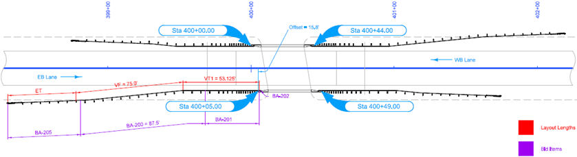 Plan view showing guardrail layout on a two‑lane, two‑way bridge, including stationing, flares, and terminal locations placed outside the shoulders.