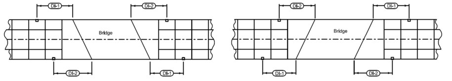 Diagrams showing DI measurement distances used to place bridge end drains relative to bridge corners and guardrail attachment points.