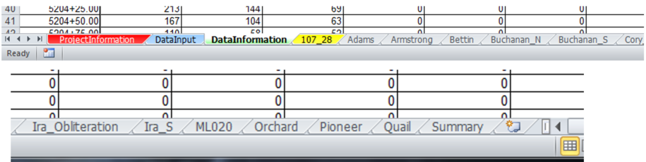 Workbook with roadway tab sheets and Summary tab displayed along the bottom.