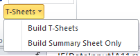 T‑Sheets dropdown showing options to build T‑Sheets or build only the summary sheet.
