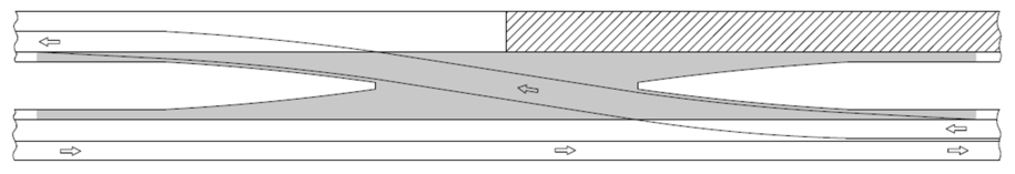 Diagram of a two‑directional temporary median crossover showing opposing highway lanes connected by a long diagonal paved crossover with tapered entrances and exits. A shaded area marks the adjacent work zone, and arrows indicate traffic flow through the crossover.
