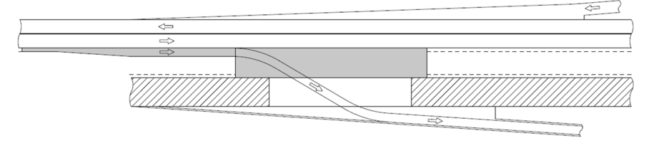 Diagram of a temporary median crossover at an interchange, showing two directions of highway traffic and a curved crossover route that shifts vehicles around a shaded work‑zone area. Hatched sections mark additional closed areas, and arrows indicate the traffic path through the crossover.”