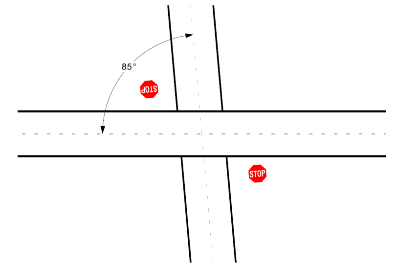 Intersection diagram with a horizontal and diagonal road meeting at an 85° angle, shown with a curved angle label and two stop signs.
