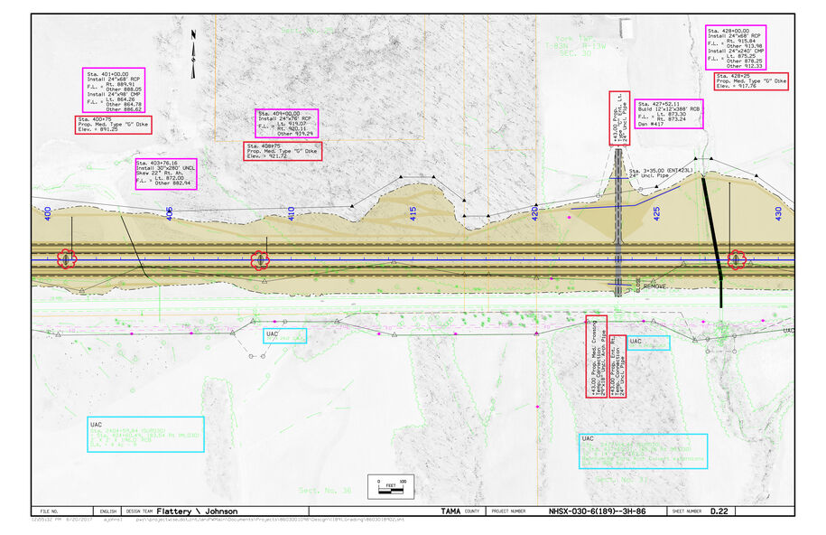 Roadway plan sheet with alignment, contours, proposed dikes, culvert installations, utility adjustments, and labeled stationing.