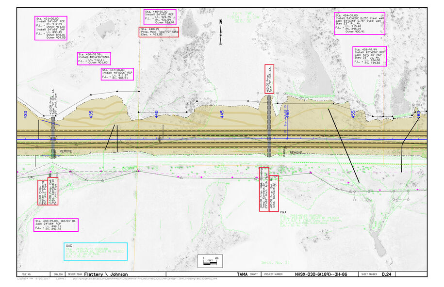 Roadway plan showing proposed grading, culvert work, dikes, utility adjustments, and contouring along the project alignment.