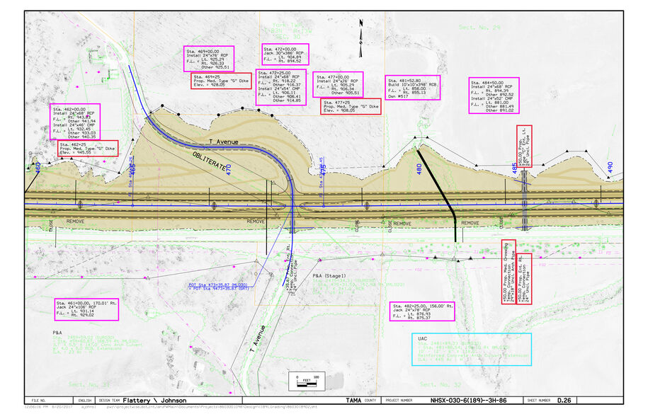 Roadway plan with proposed grading, dikes, culvert work, T Avenue tie‑in, utilities, and contouring along the project alignment.