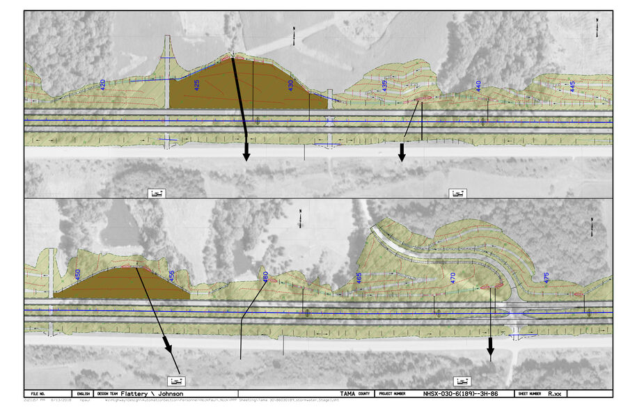 Erosion‑control plan sheet showing proposed grading, drainage flow arrows, and erosion‑control devices along the roadway corridor.