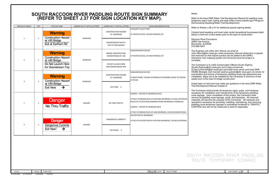 Table showing thumbnails of specialty paddling‑route warning and danger signs with quantities, legend text, and installation locations.