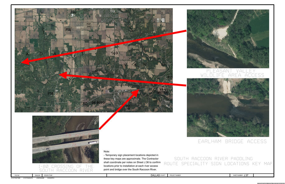 Aerial key map showing three sign‑placement locations along the South Raccoon River.