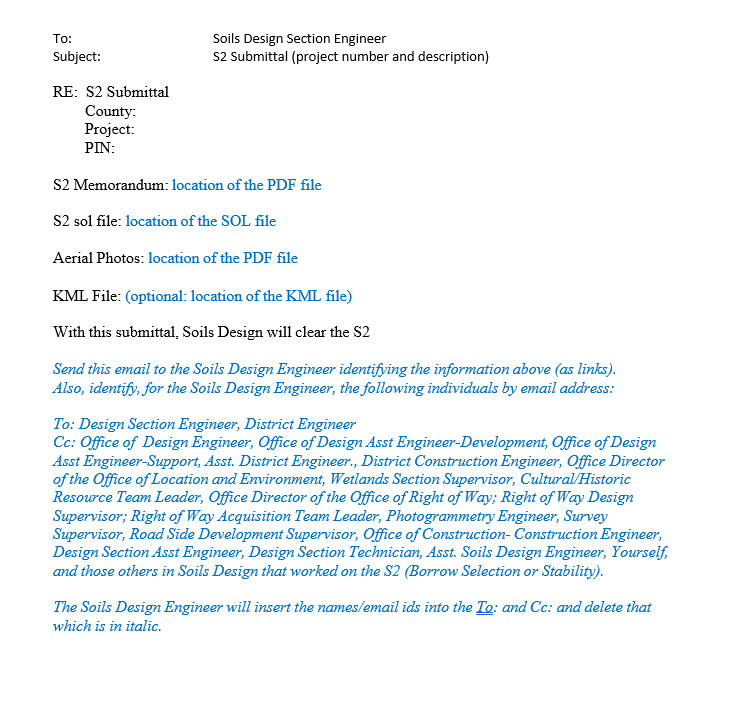 Email template showing S2 submittal instructions and recipient list.