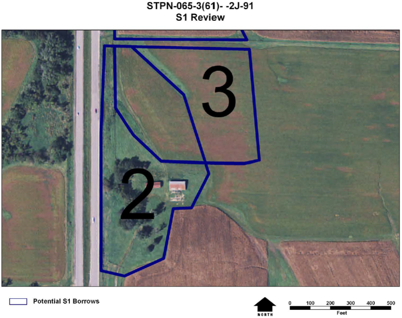 Borrow Sites 2 and 3 outlined on an aerial map.