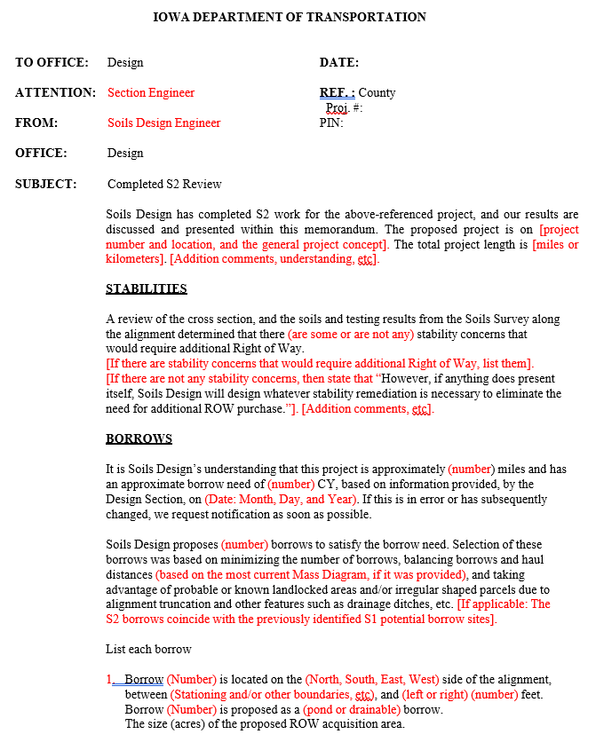 Template layout for completed S2 Review memo with fields for project details, stability findings, and borrow summaries.