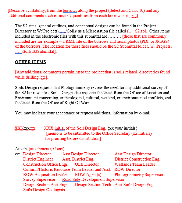 Continuation of S2 Review memo template showing other items, file references, acceptance instructions, and CC list.