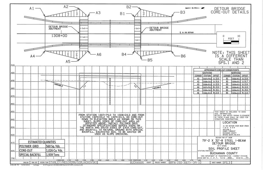 Plan and profile sheet showing detour bridge core‑out details, elevation grid, corner‑point table, quantities, and project notes.