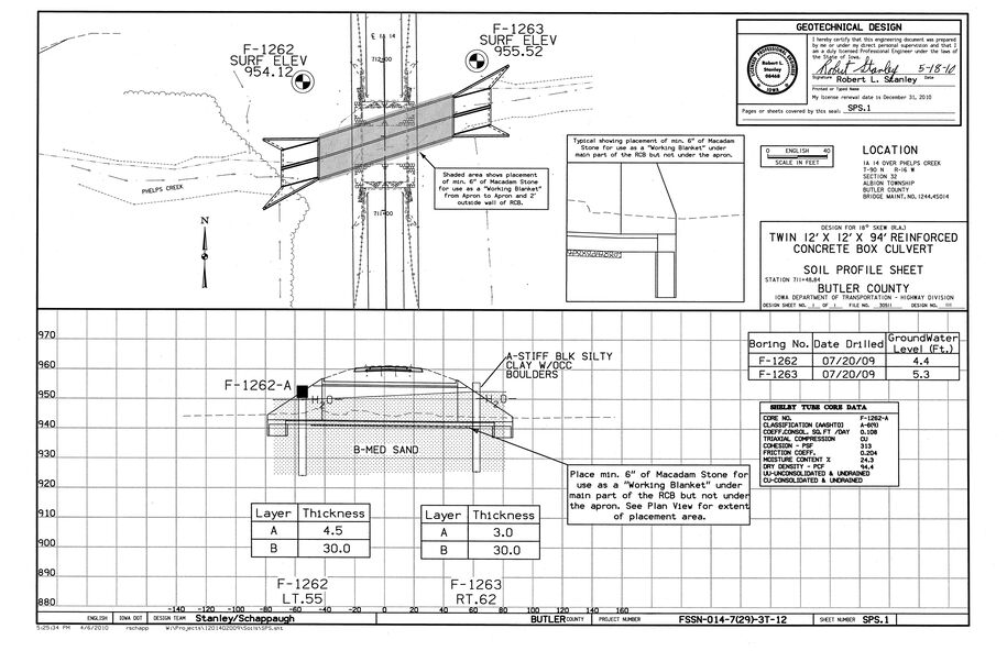Geotechnical design sheet showing plan and profile of reinforced concrete box culvert, soil layer profiles, boring data, and material placement notes.