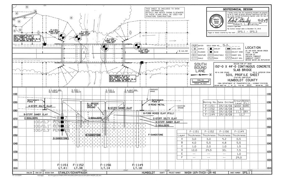 Soil profile sheet for the southbound lane showing bridge layout, settlement plates, boring locations, subsurface soil layers, and layer thickness data.
