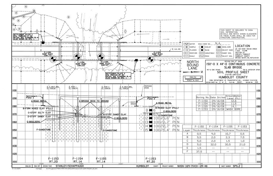 Soil profile sheet for the northbound lane with bridge plan and profile, settlement plates, boring locations, soil layers, and penetration and thickness data.
