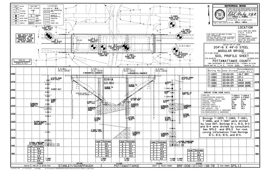 Soil profile sheet showing bridge plan and profile, multiple borings with surface elevations, subsurface soil layers, layer thickness data, and rock core information.