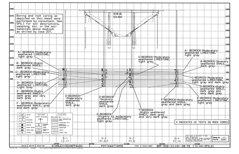 Bedrock profile sheet showing bridge profile with borings, detailed bedrock descriptions, weathering conditions, and rock core test indicators.