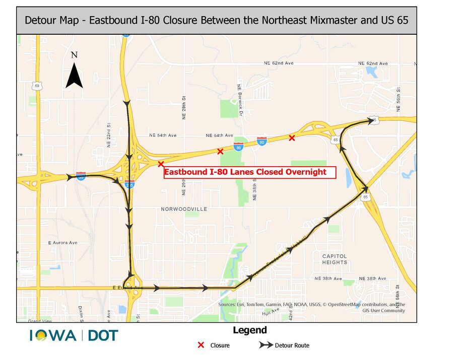 Eastbound I-80 from Northeast Mixmaster to US 65 Detour Map