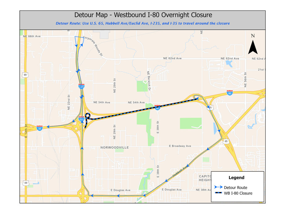 Westbound I-80 from Northeast Mixmaster to U.S. 65 Detour Map
