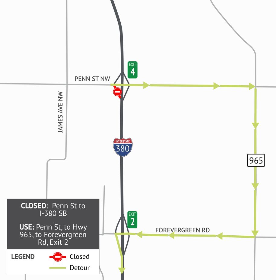 Penn St. to I-380 southbound closed map