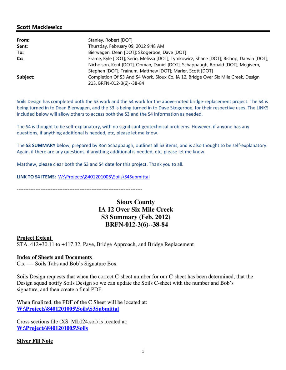 Email and project summary describing completion of S3 and S4 soils work for the Six Mile Creek project, with project notes, links to S3 and S4 files, and the S3 Summary header.