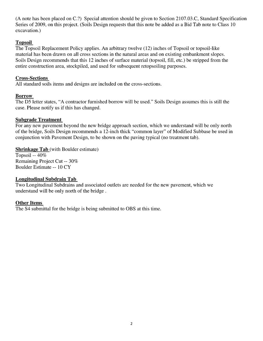 S3 summary page outlining topsoil requirements, cross‑sections, borrow guidance, subgrade treatment, shrinkage values, and subdrain recommendations.