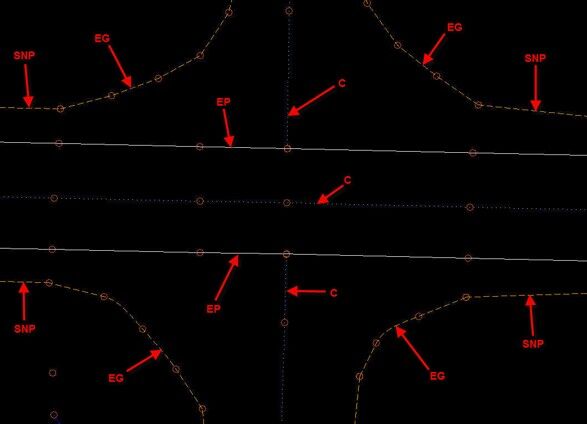 Intersection layout with feature codes EG, SNP, EP, C, and BL labeled.